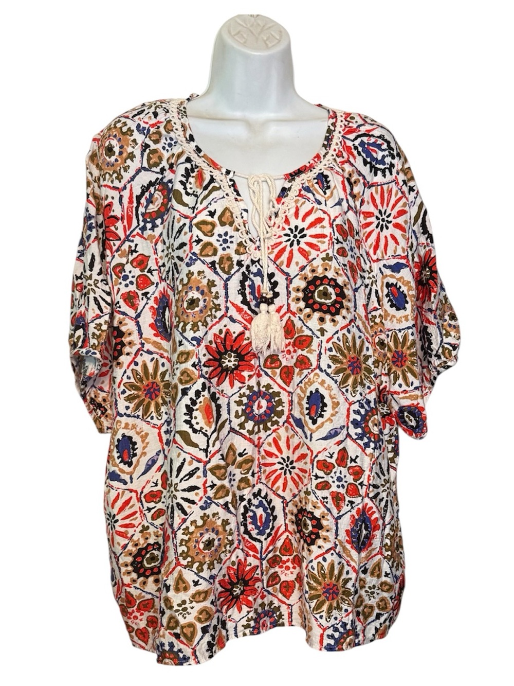 Boho Peasant Top XXL Tassel Tie Artisan Print Rayon Blend